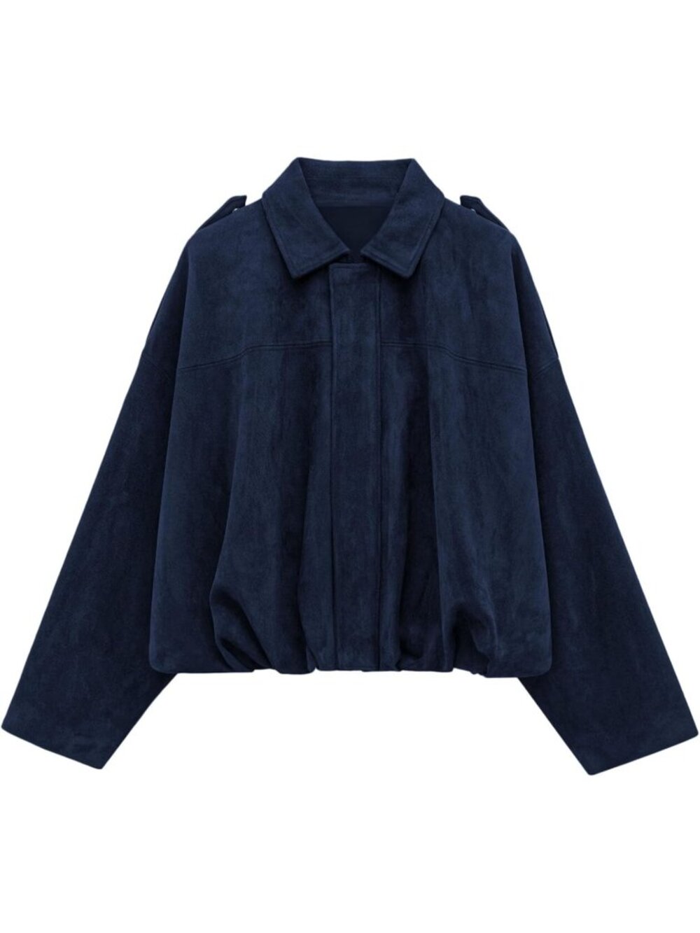 Women's Navy Blue Faux Suede Cropped Bomber Jacket Long Sleeve ZIP Up Coat